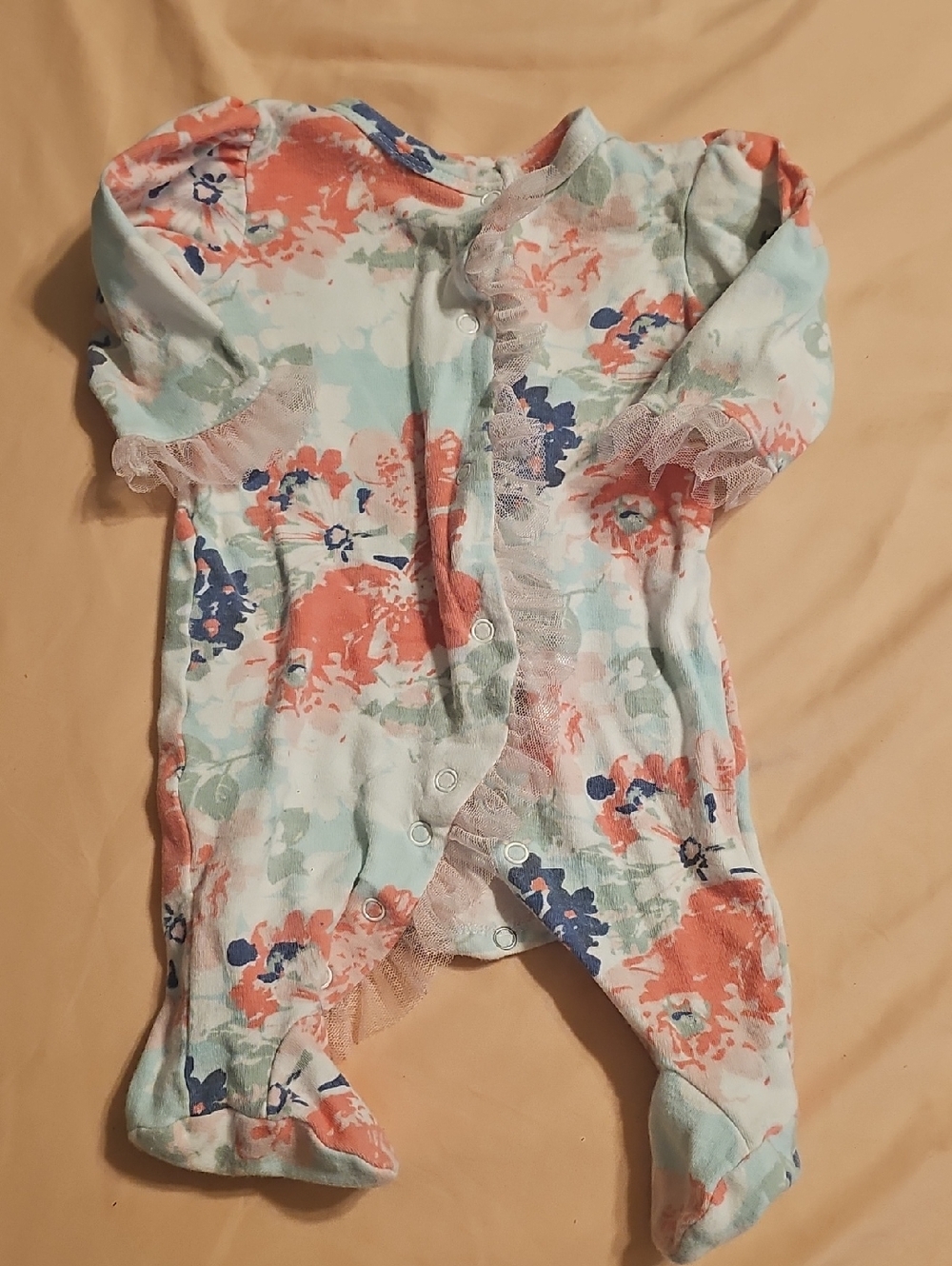 Floral Baby Footed Romper - Coral, Blue & Mint